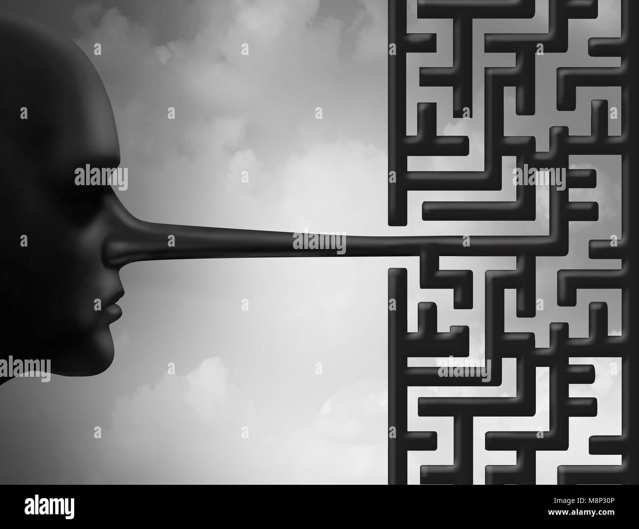 Investigate fraud and investigating corruption concept as a liar with a long nose shaped as a maze or labyrinth as a criminal challenge. Stock Photo