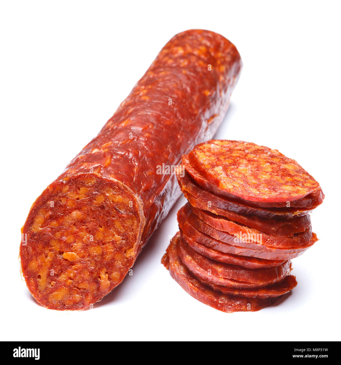 Spanish chorizo sausage on white background Stock Photo - Alamy