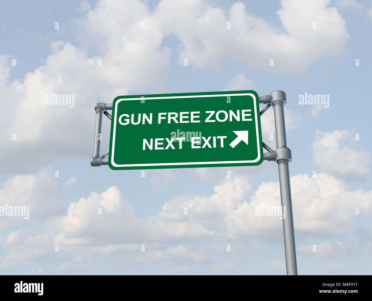 Gun free zone concept and firearm weapon prohibition idea as a highway sign with text as a gun rights or arming teacher issue as a 3D illustration. Stock Photo