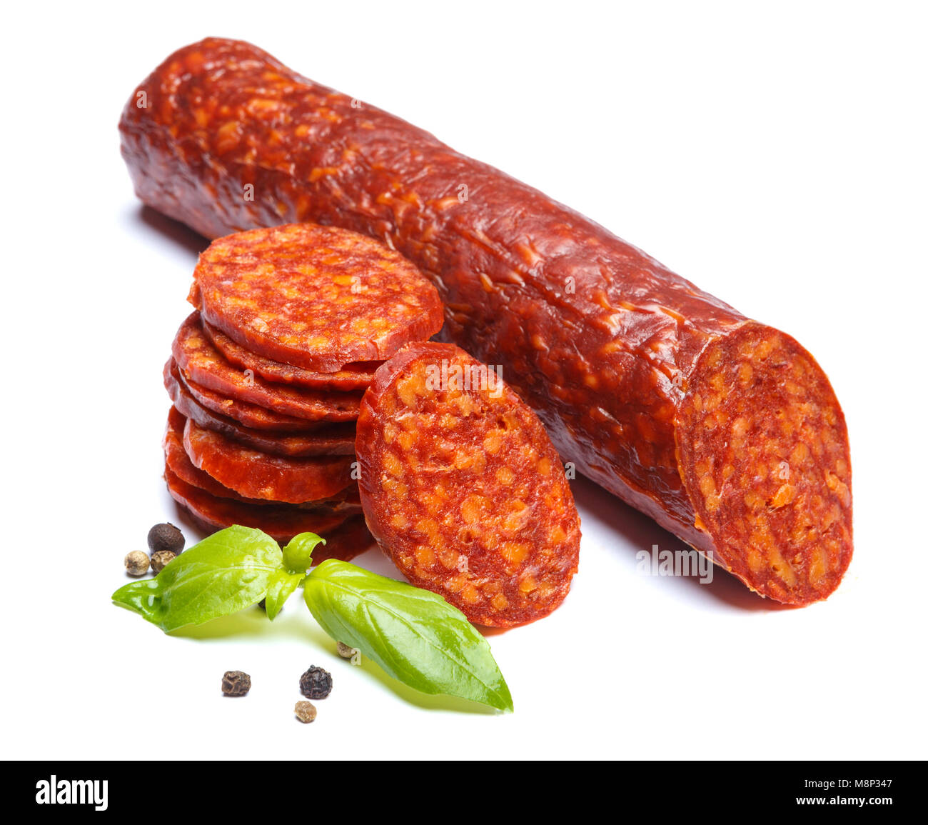 Spanish chorizo sausage on white background Stock Photo - Alamy