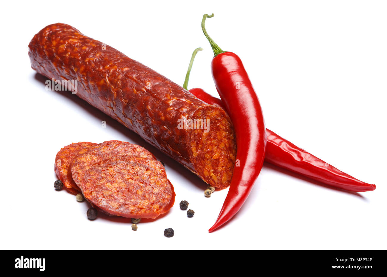 Spanish chorizo sausage on white background Stock Photo Alamy