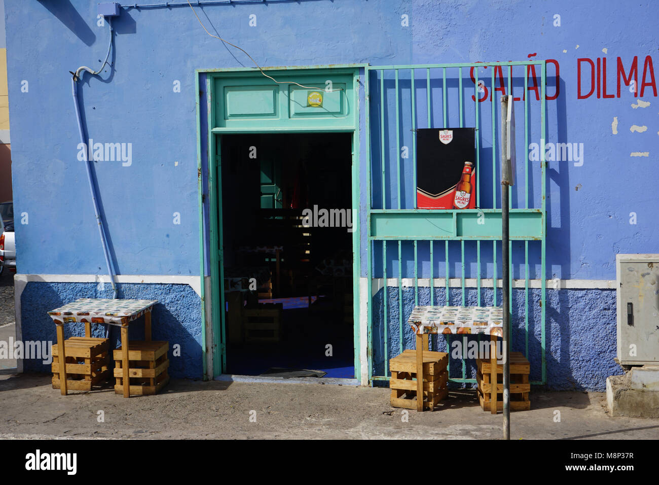 Restaurant, blue house, Tarrafal, Santiago Island, Cape Verde Stock Photo