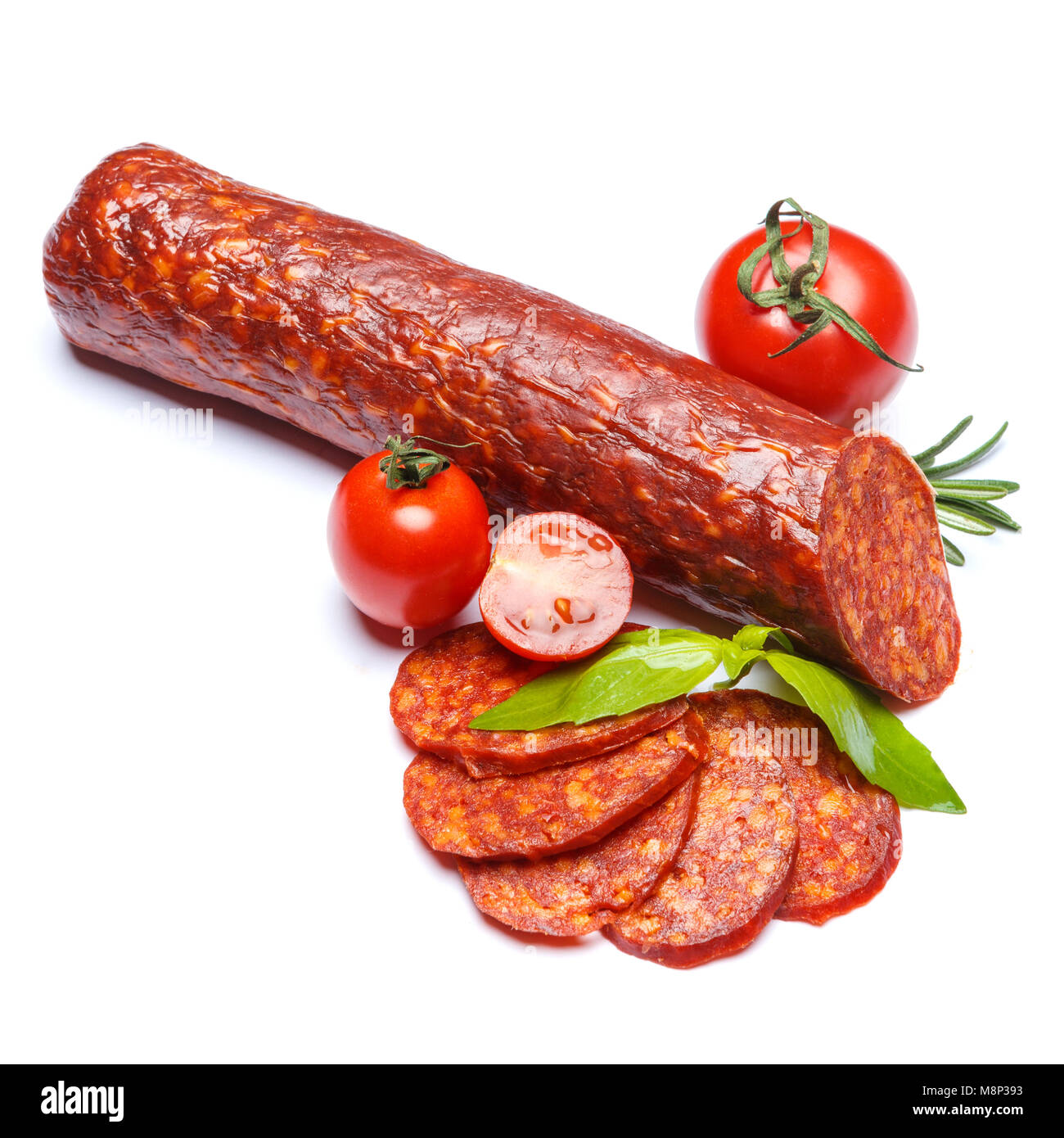 Spanish chorizo sausage on white background Stock Photo - Alamy