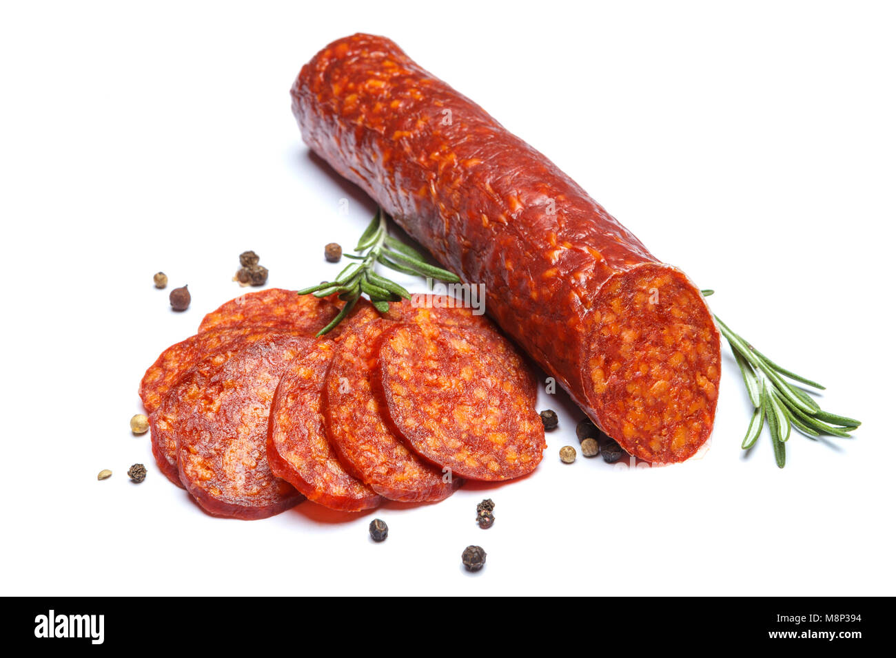 Spanish chorizo sausage on white background Stock Photo - Alamy