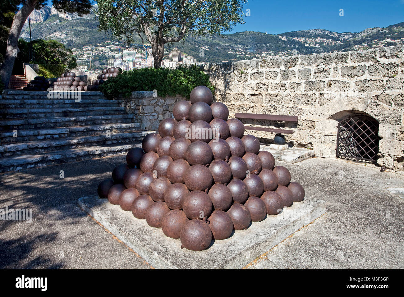 Stacked cannon balls at Palais Princier, Princes Palace of Monaco, official residence of the Sovereign Prince of Monaco, Côte d'Azur, french riviera Stock Photo