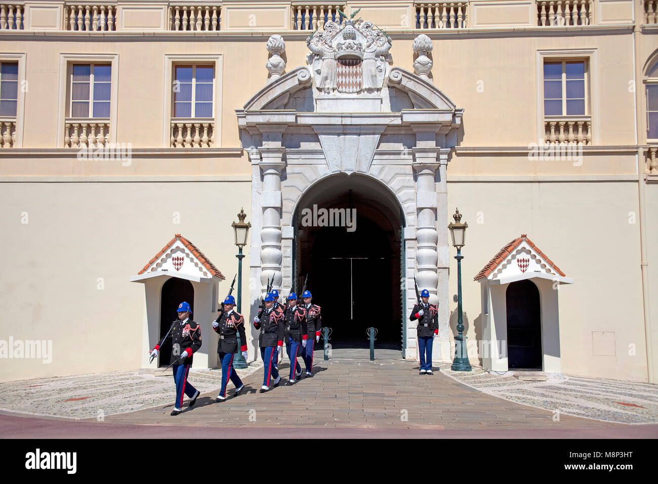 Changing of the guard, Palace Guards at Palais Princier, Princes Palace of Monaco, official residence of the Sovereign Prince of Monaco, Côte d'Azur Stock Photo
