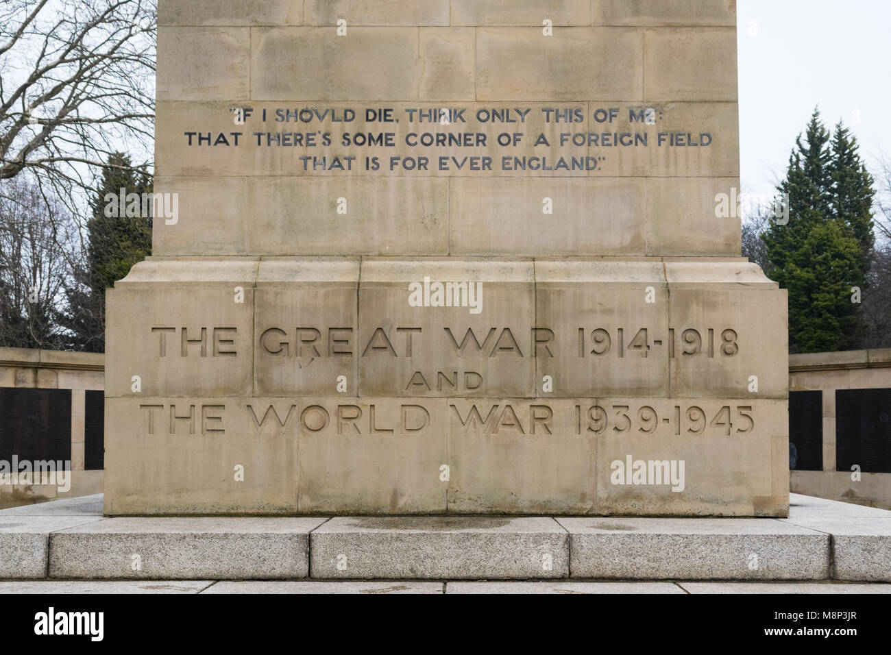 words from 'The Soldier' poem by Rupert Brooke on War Memorial in Clifton Park, Rotherham, South Yorkshire, England, UK Stock Photo