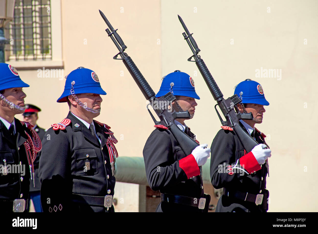 Changing of the guard, Palace Guards at Palais Princier, Princes Palace of Monaco, official residence of the Sovereign Prince of Monaco, Côte d'Azur Stock Photo