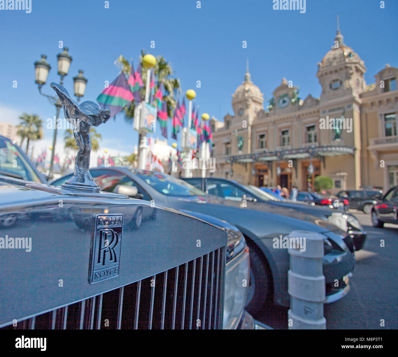 Bonnet mascot of Rolls Royce car at Casino Monte-Carlo, Place du Casino, Monte Carlo, Principality of Monaco, Côte d'Azur, french riviera, Europe Stock Photo
