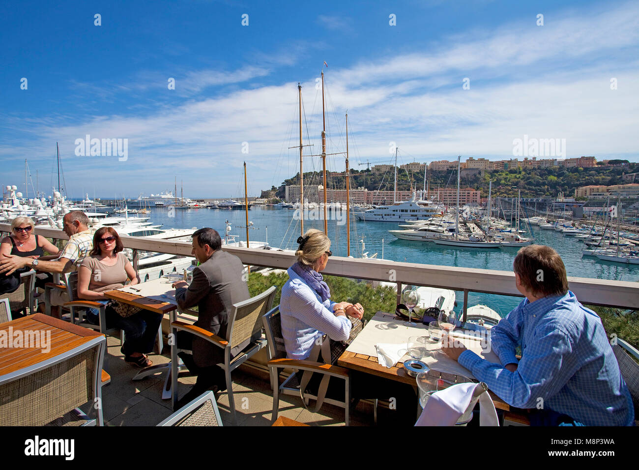 People enjoying view on harbour from the terrace of a harbour restaurant,  Quai des Etats, city, Monte Carlo, Monaco, Europa Stock Photo - Alamy
