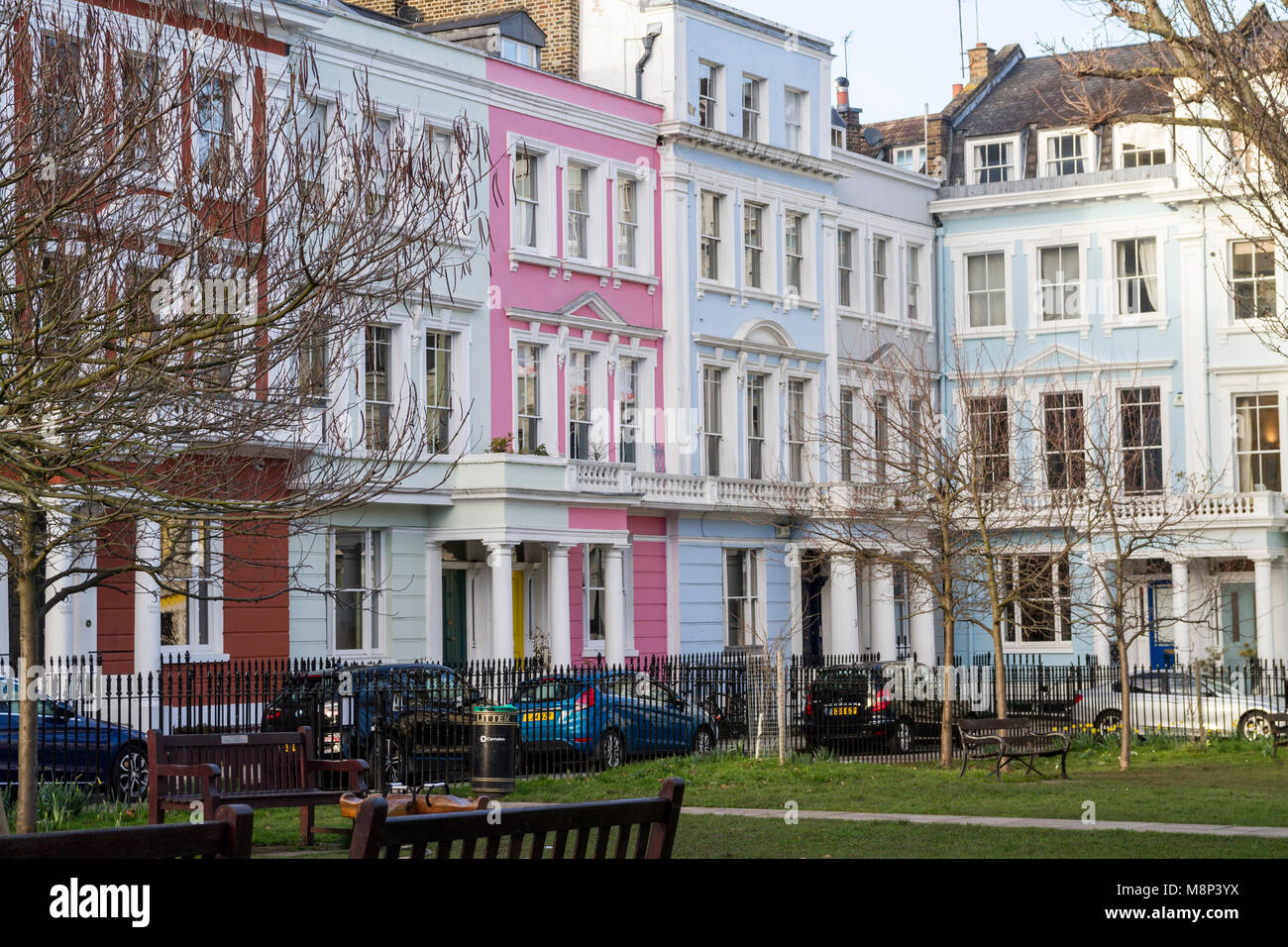 Rows of Colourful style terraced houses, Primrose Hill, London