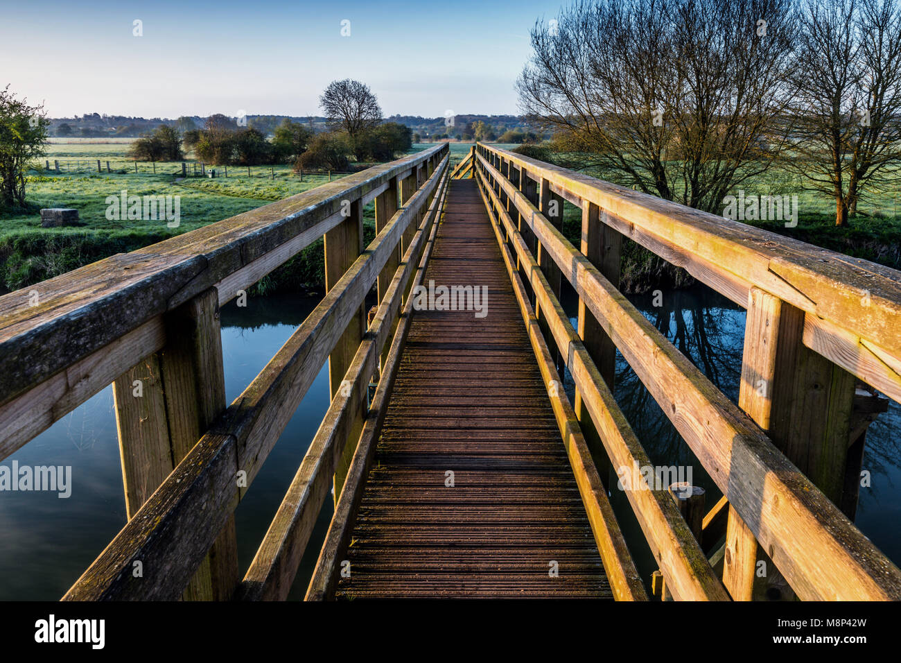 Sunrise over the River Stour from the Eye Bridge, Wimborne, Dorset, UK Stock Photo