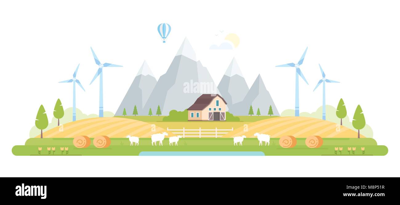 Village by the mountains - modern flat design style vector illustration ...