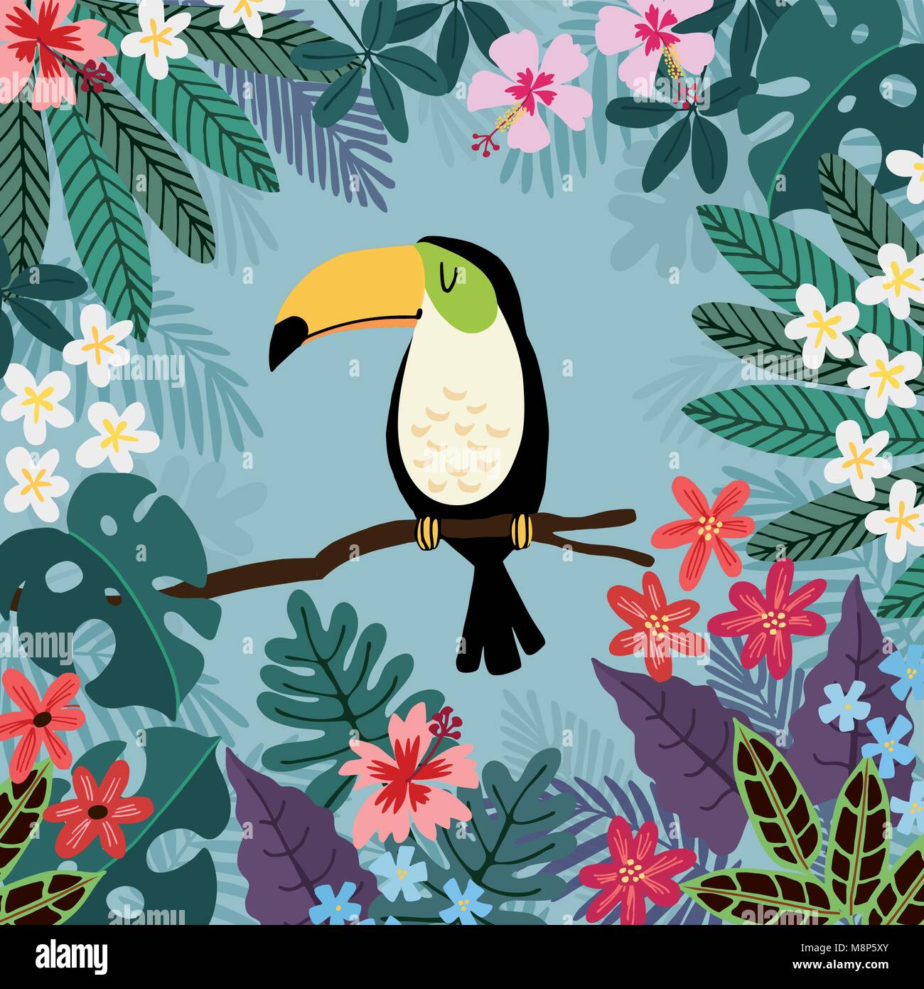 Summer tropical background. Toucan bird with palm and monstera leaves ...