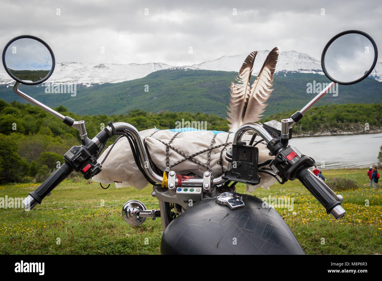 Motorcycles from all over the world meet in Ushuaia for the annual convention known as 'Latitude 54.' Stock Photo