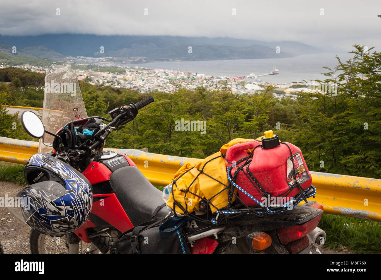 Motorcylists gather once a year in Ushuaia, Argentina, for the meet known as 'Latitude 54.' Stock Photo