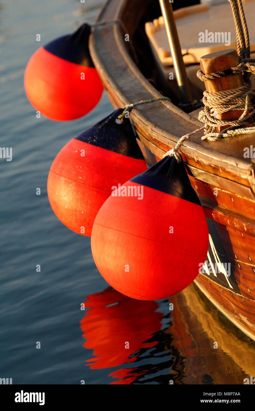 Close up details of Boats ropes, rigging, fenders, buoys Greek