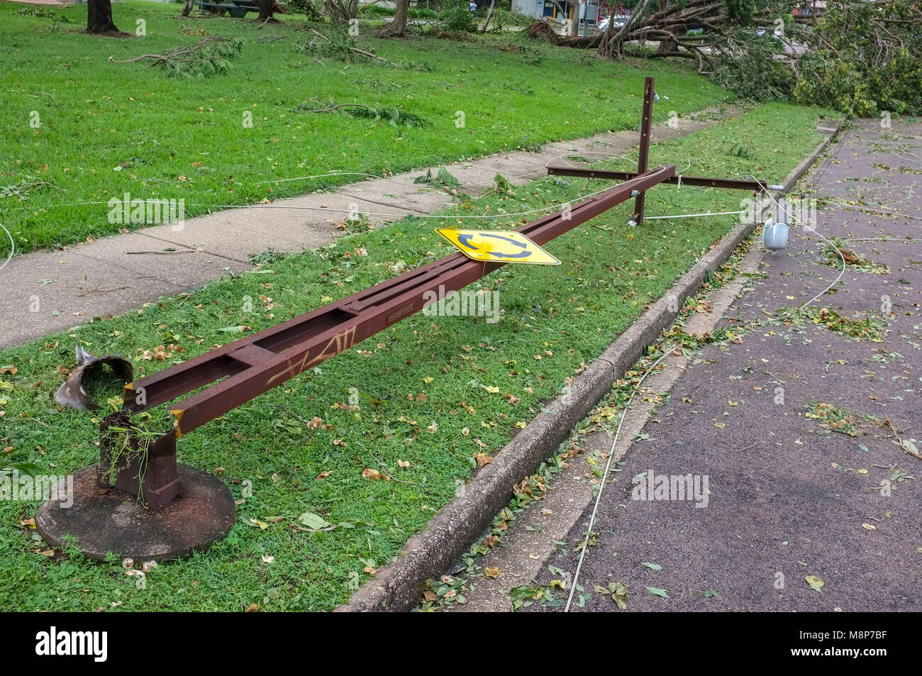 Broken and fallen power lines pylon after the passage of tropical cyclone Marcus in Darwin, Northern Territory, Australia. Stock Photo