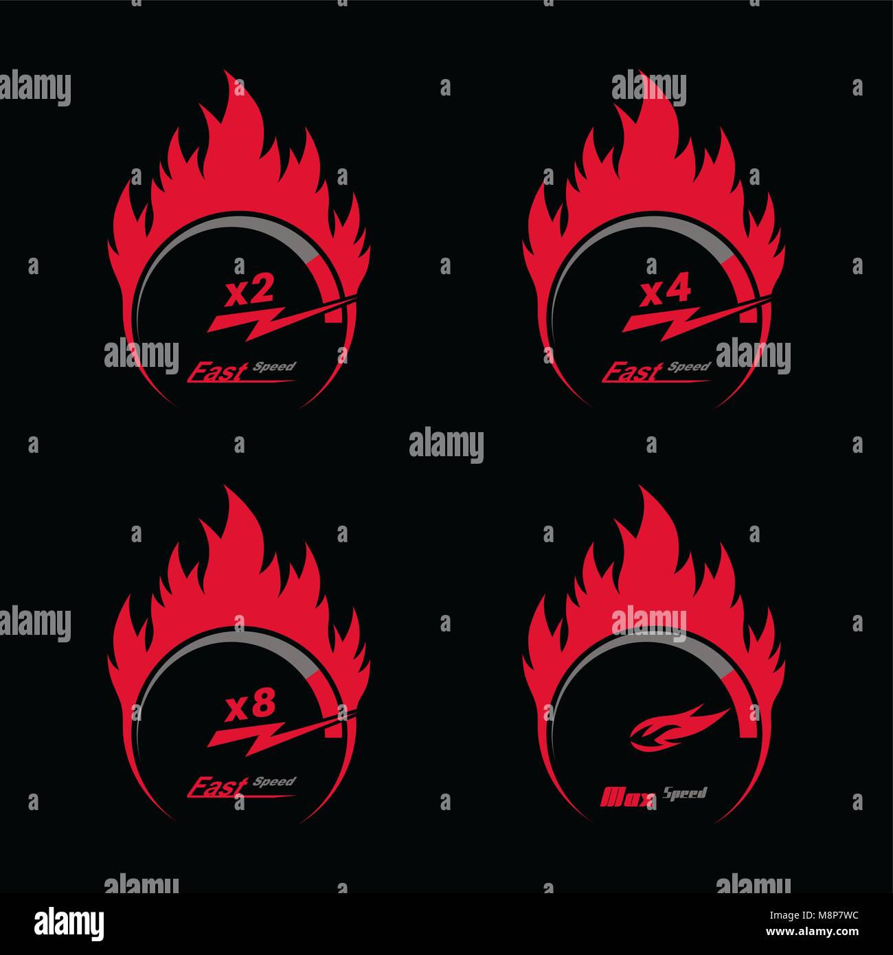 Set of four red fire speedometer scale. Concept of speed and acceleration. Vector element of graphic design Stock Vector
