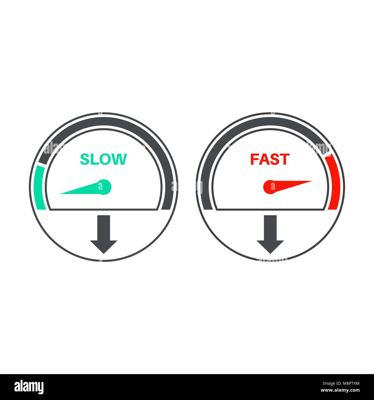Set of icons of a speedometer with slow and fast loading. Vector illustration. Stock Vector