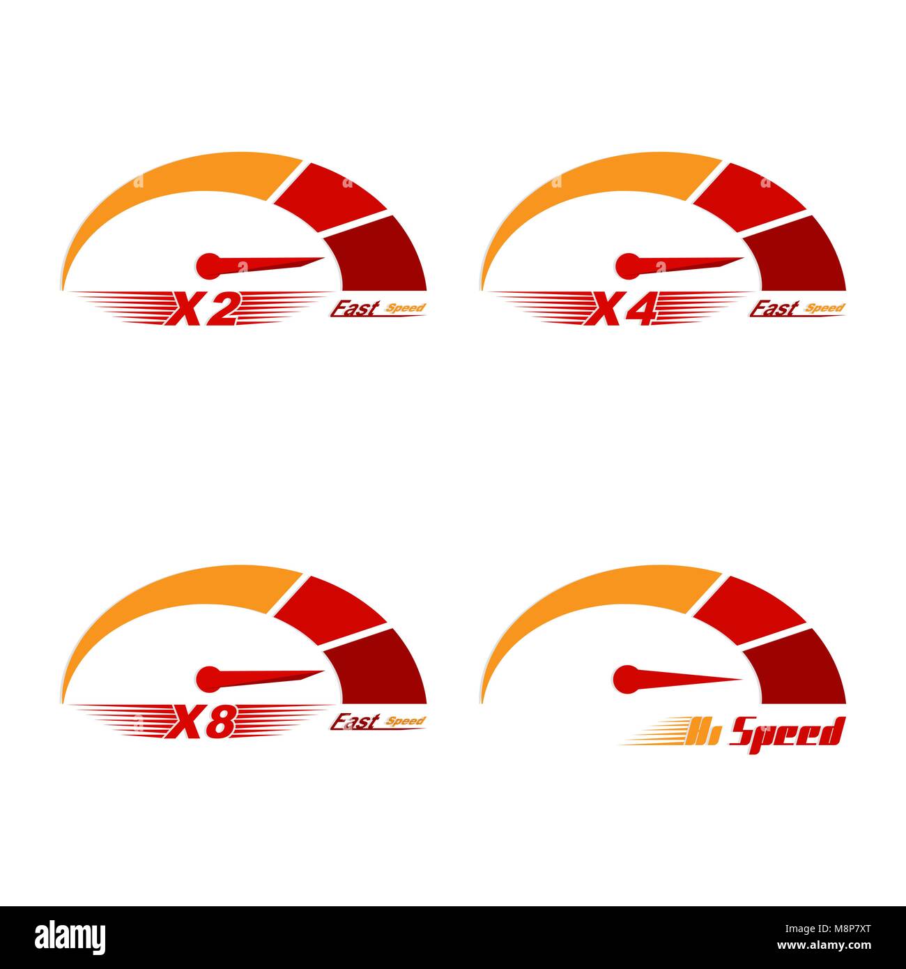 Set of four speedometer scale. Concept of speed and acceleration. Vector element of graphic design Stock Vector