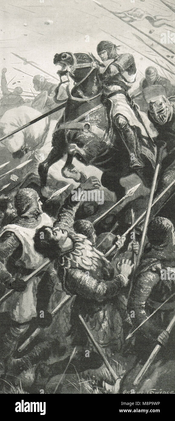 Cavalry charge by the Earl Marshal, The Battle of Falkirk, 22 July 1298. Roger Bigod, 5th Earl of Norfolk and Marshall of England Stock Photo