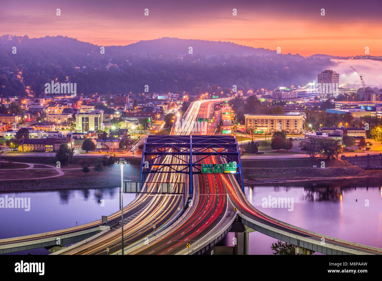 Charleston, West Virginia, USA downtown skyline over the interstate and the river. Stock Photo