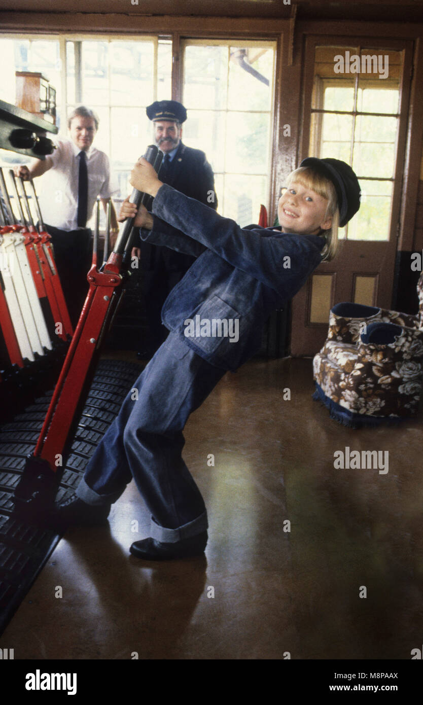 Emma Stanley operating a railway signal box after being on Jim'll Fix It tv show 1989 Stock Photo
