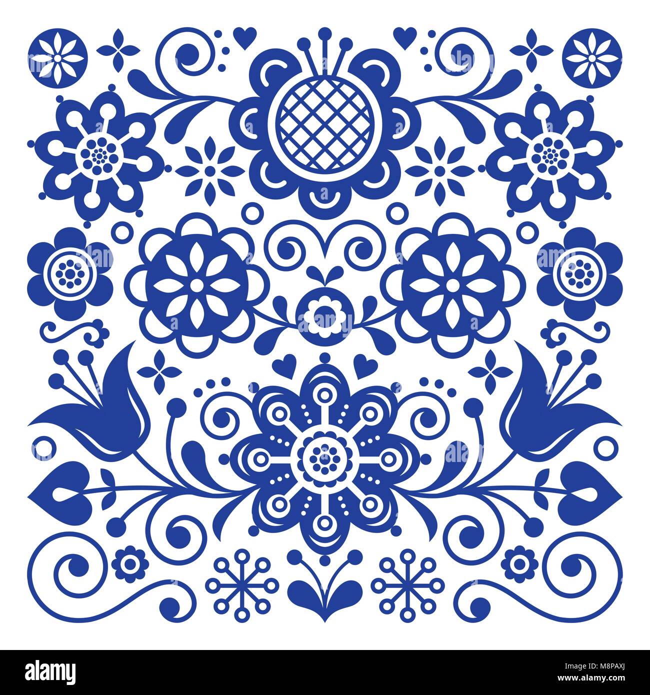 Folk art retro vector pattern, Scandinavian floral ornament design