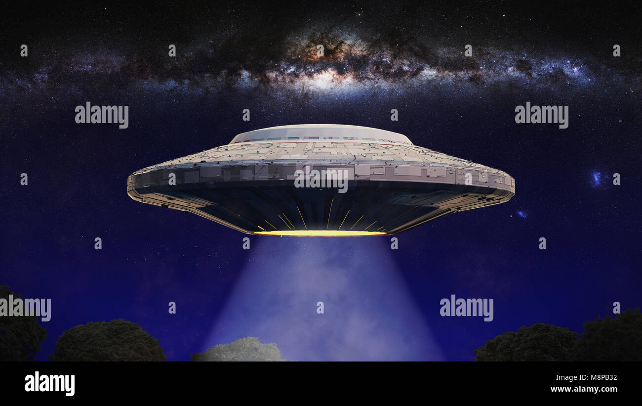 UFO, alien spaceship with light beam hovering in night sky, extraterrestrial visitors with flying saucer (3d rendering) Stock Photo