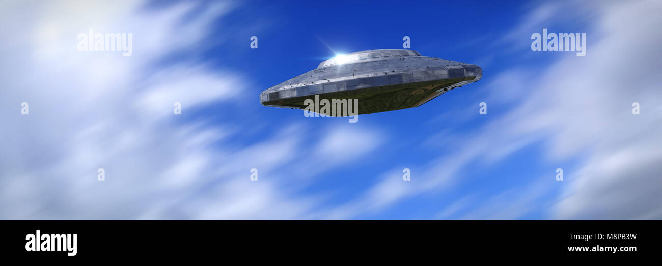 UFO, science fiction scene with fast alien spaceship, extraterrestrial visitors in flying saucer (3d space illustration banner) Stock Photo