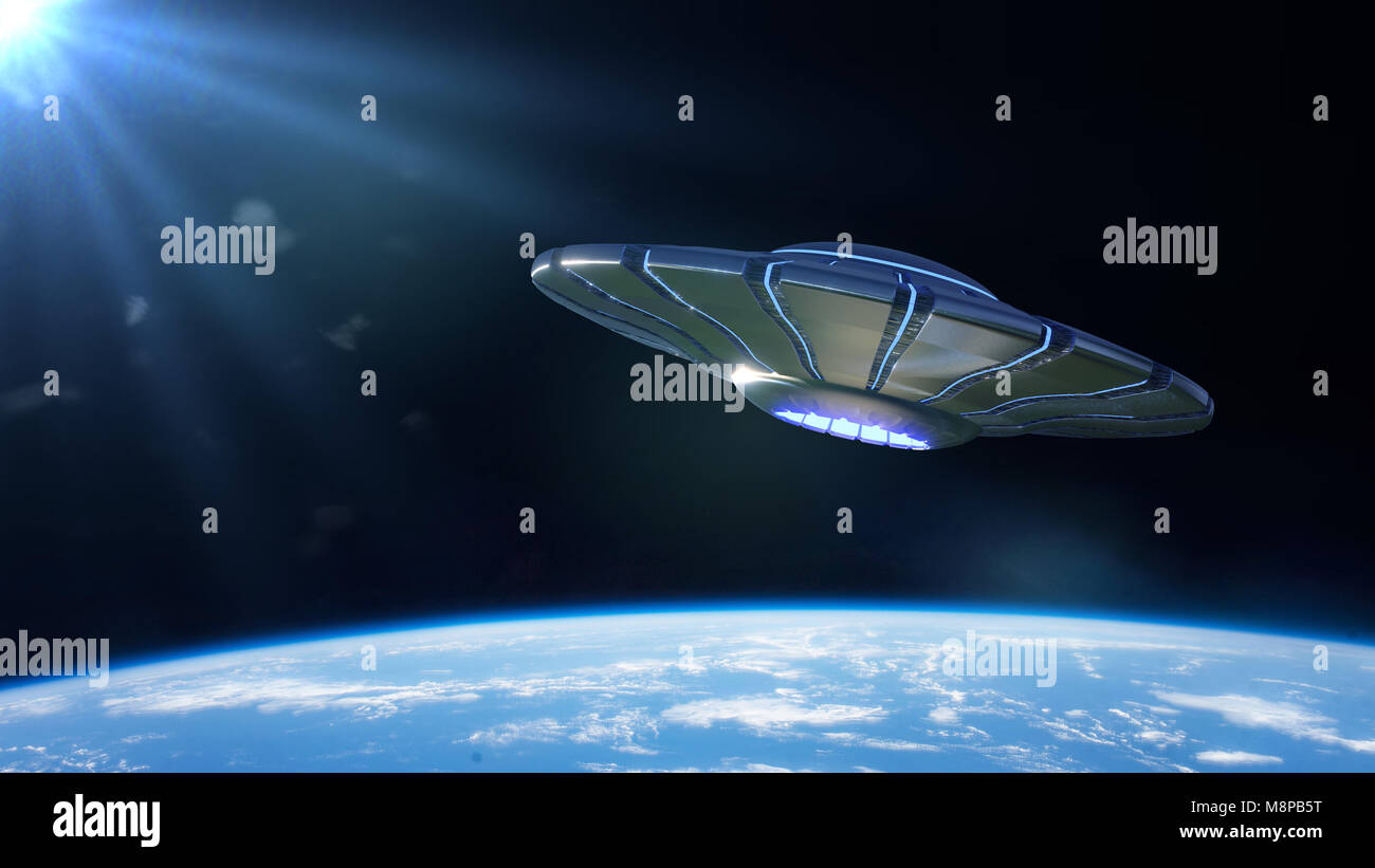 UFO, alien spaceship in orbit of planet Earth, extraterrestrial visitors from outer space in flying saucer (3d science fiction rendering, elements of  Stock Photo