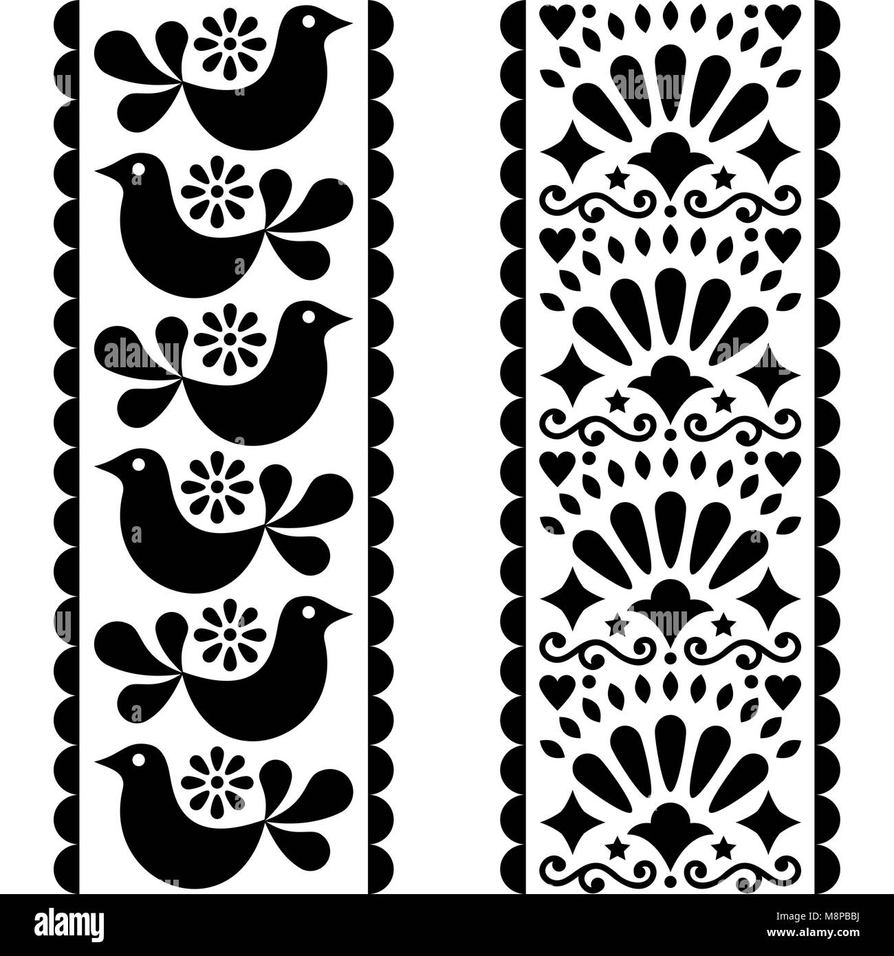 Folk art seamless pattern - Mexican style long stripes design with birds and flowers in black and white Stock Vector