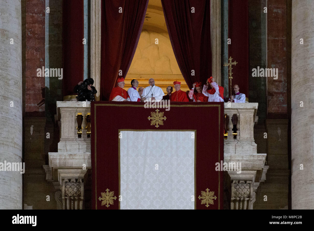 Vatican City. Newly elected Pope Francis I appears on the central balcony of St Peter's Basilica on March 13, 2013. Vatican. Stock Photo