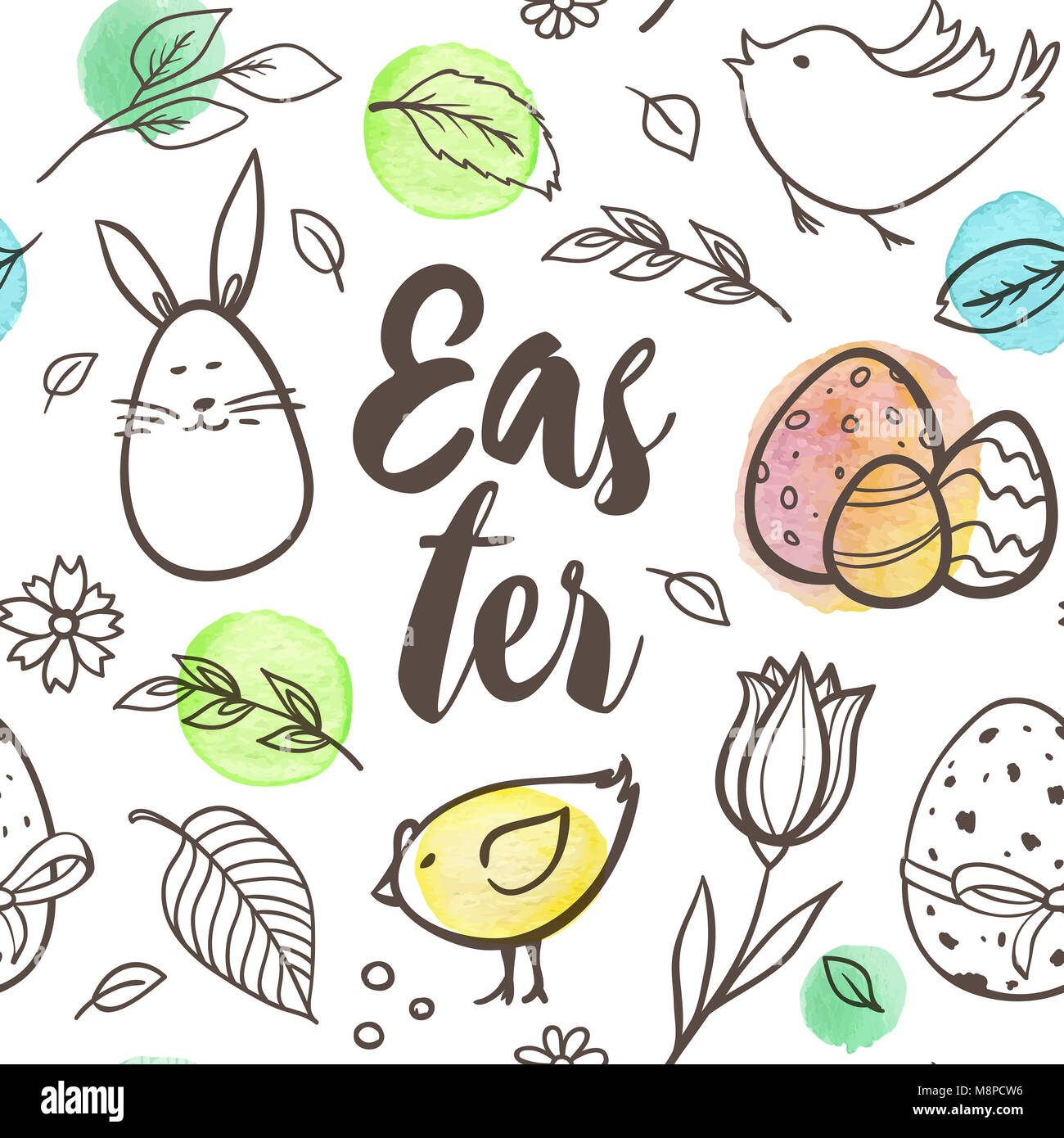 Hand drawn doodle Easter seamless pattern with rabbit and birds on a ...