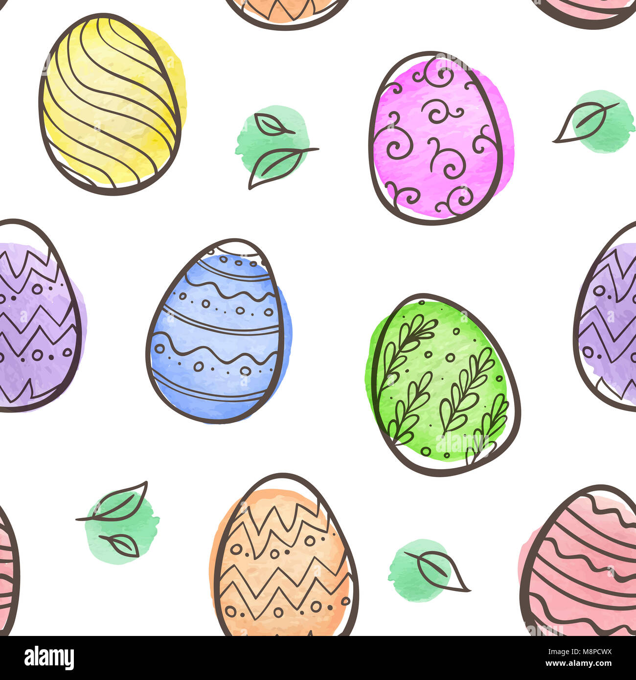Hand drawn doodle Easter seamless pattern with eggs and watercolor ...