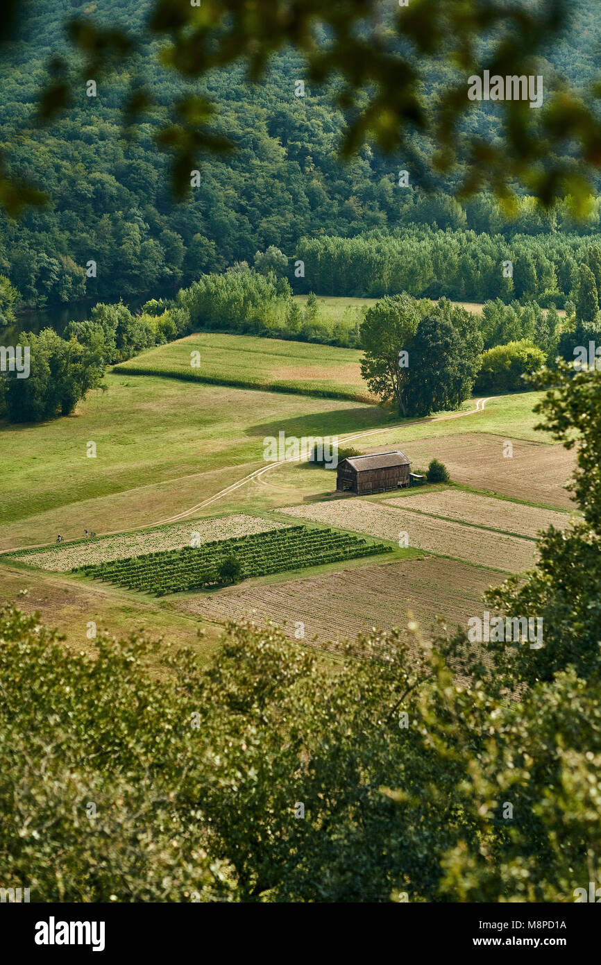 Looking down on the arable farmland of the Dordogne valley in rural France. Stock Photo