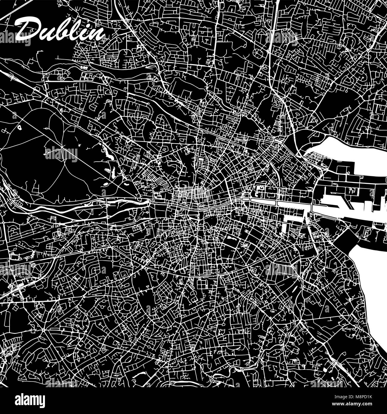 Dublin Ireland City Map Black and White. Abstract Vector Graphic with Highways, Roads and smaller City Streets. Metropolitan Region Stock Vector