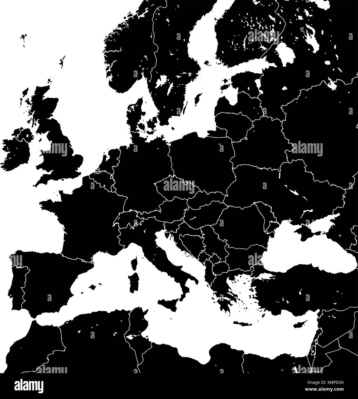 Political Sihouette Map of Central Europe. Black and White Vector Graphic Stock Vector