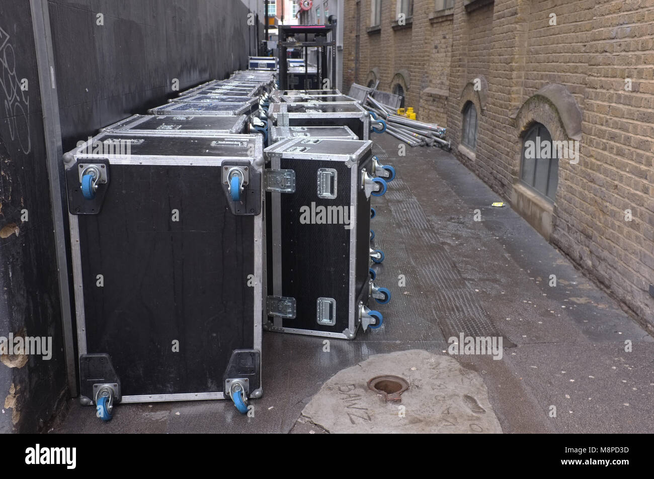 Sound and lighting equipment cases outside a London theatre. Stock Photo
