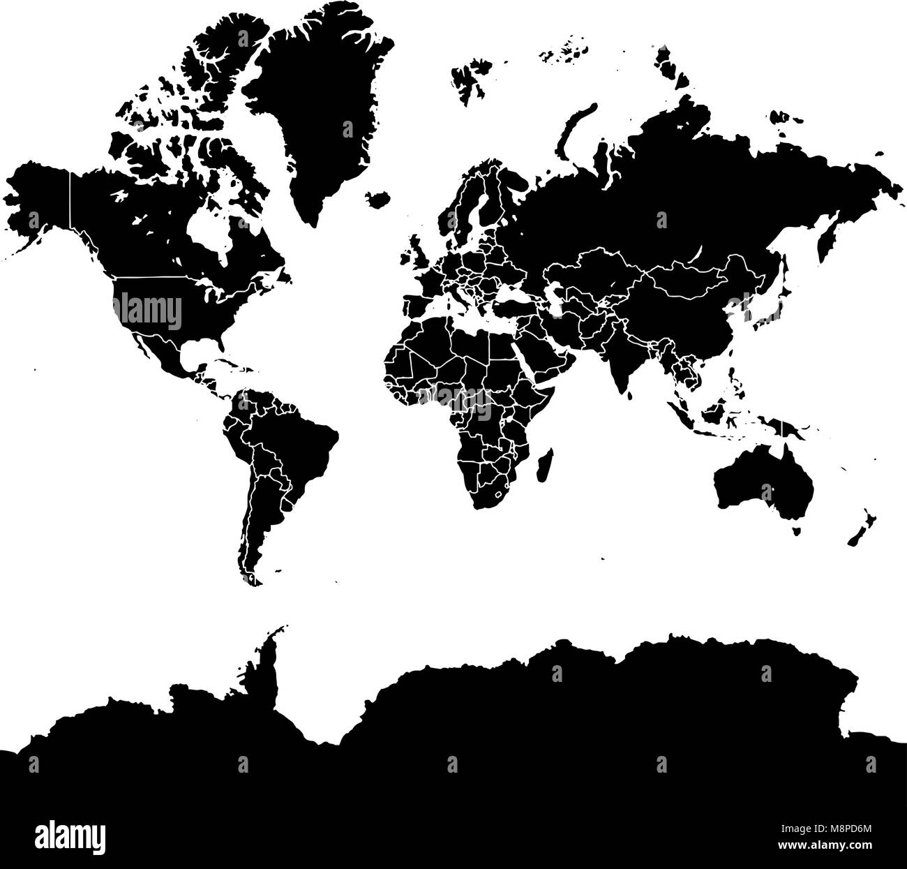 World Map Vector Version on Quadratic Background. Political Black and White Version Stock Vector