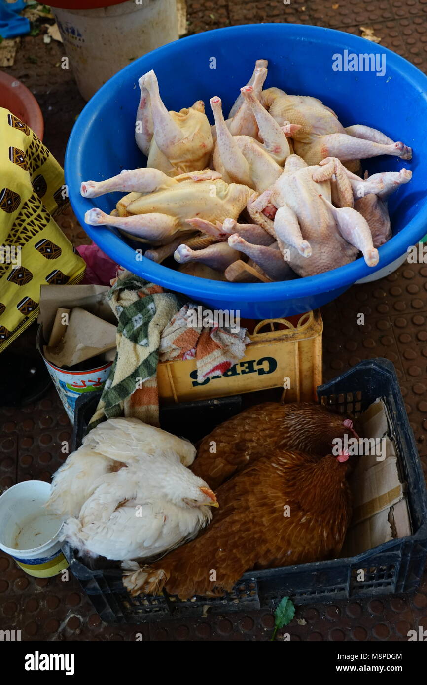Chicken, plucked chicken, market of Assomada, Assomada, Santiago Island, Cape Verde, Africa Stock Photo