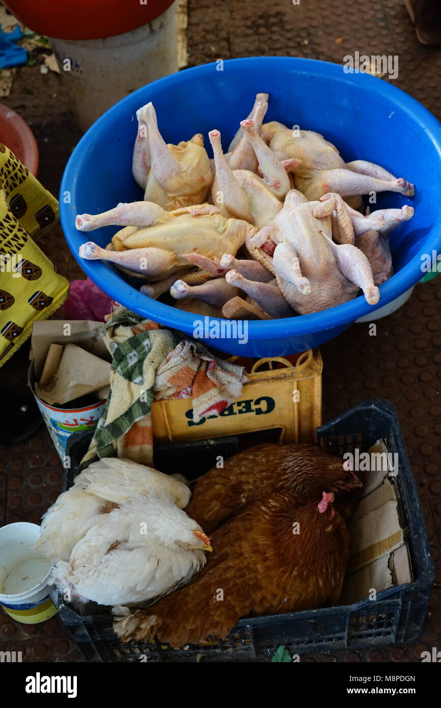 Chicken, plucked chicken, market of Assomada, Assomada, Santiago Island, Cape Verde, Africa Stock Photo