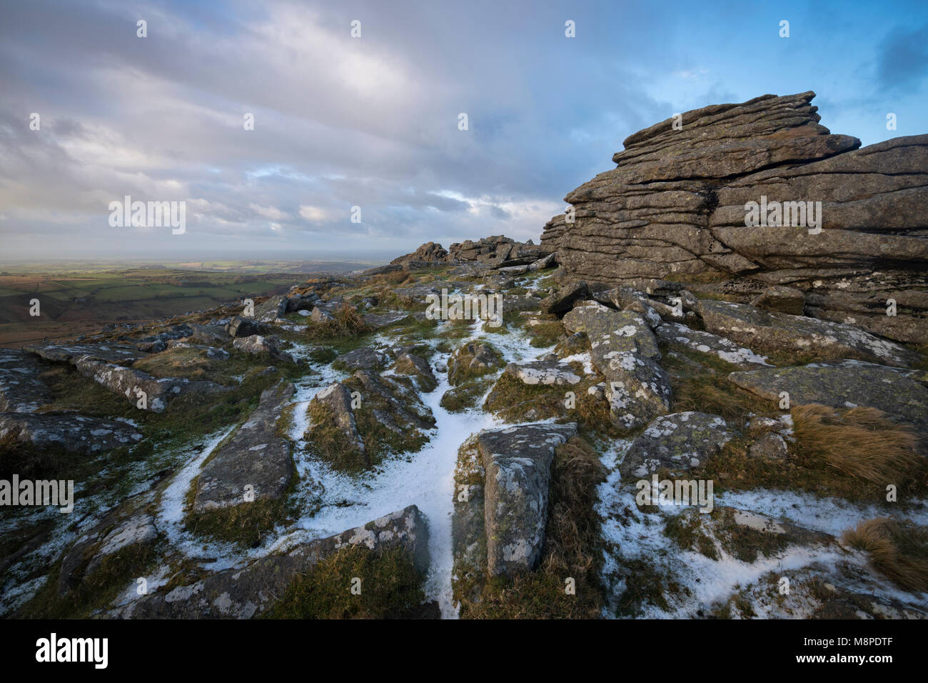 A dusting of snow at Belstone Common on Dartmoor. Stock Photo