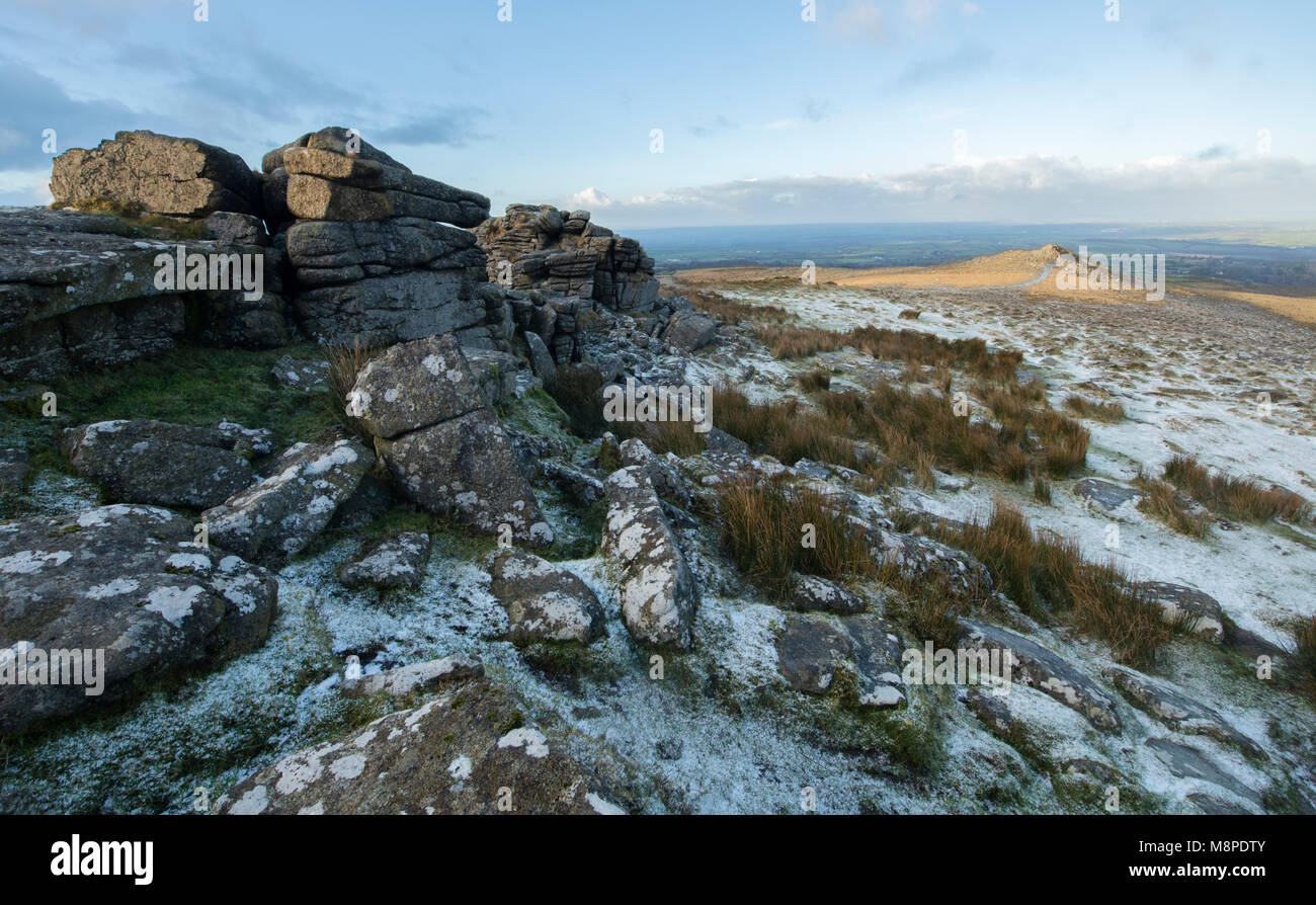 A dusting of snow at Belstone Common on Dartmoor. Stock Photo