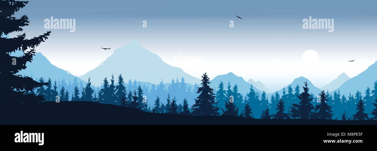 wide mountain landscape with forest and flying birds under the morning ...