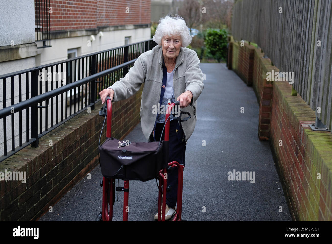 An old-age pensioner with a walking frame. Stock Photo