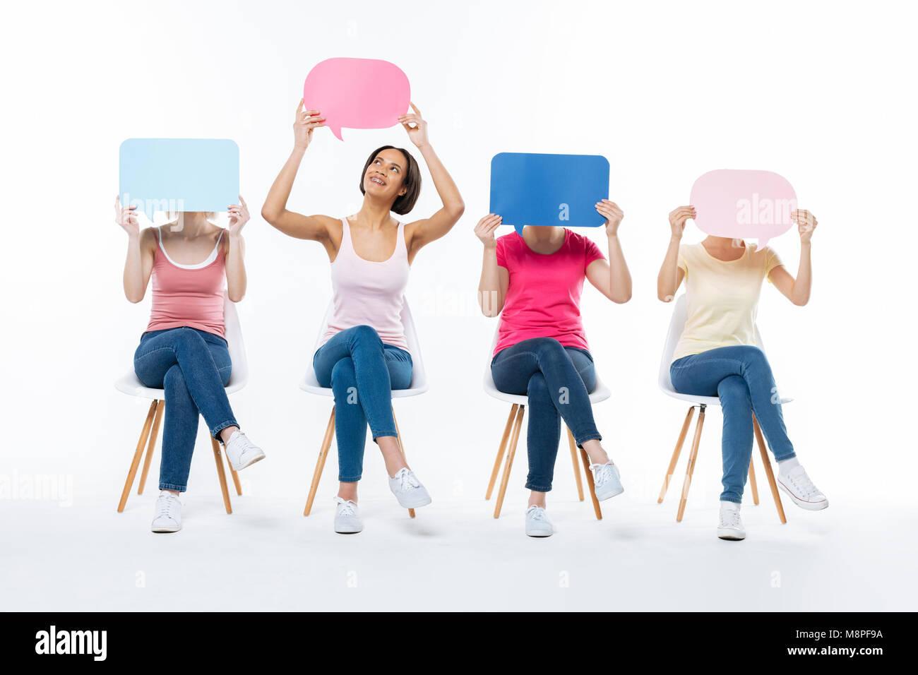 Positive dreamy woman attracting attention Stock Photo Alamy