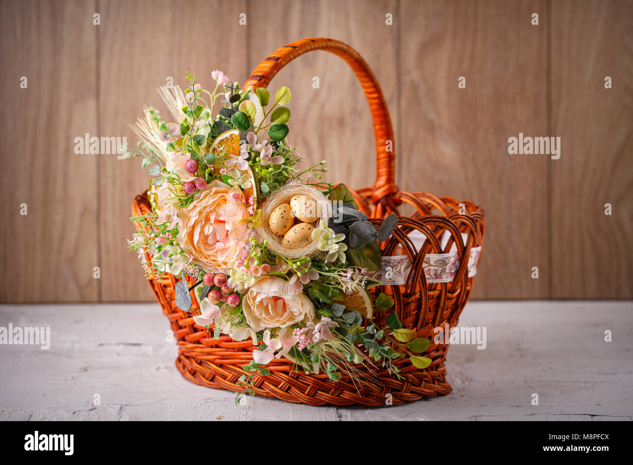 Designer Easter Basket “Blue and yellow bird “ pottery, dry flowers and organic fabric / adult main image 1
