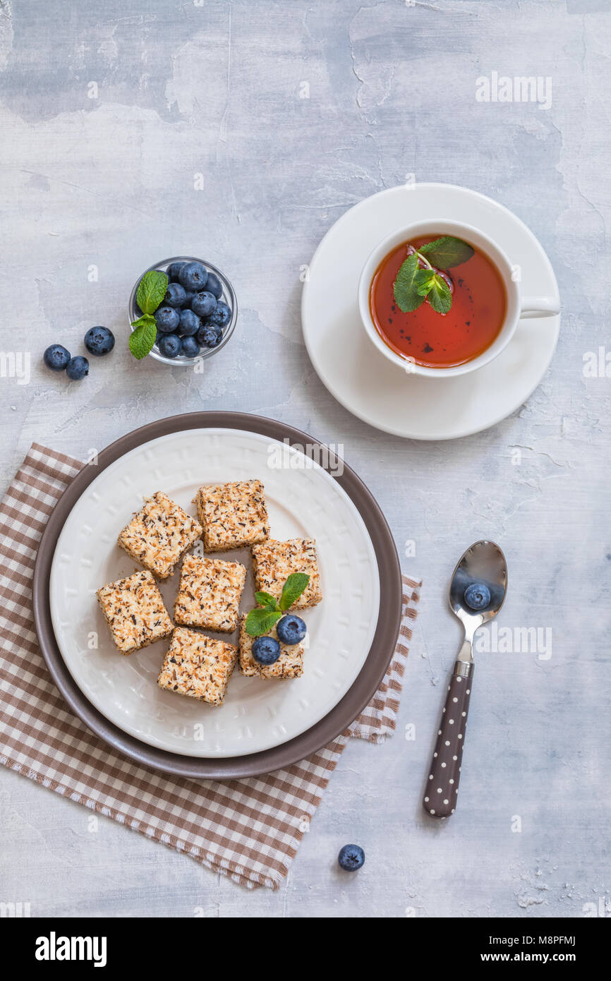 Homemade Sweets Or Candies Pigeon S Milk With A Cup Of Tea Blueberries And Mint Breakfast Stock Photo Alamy